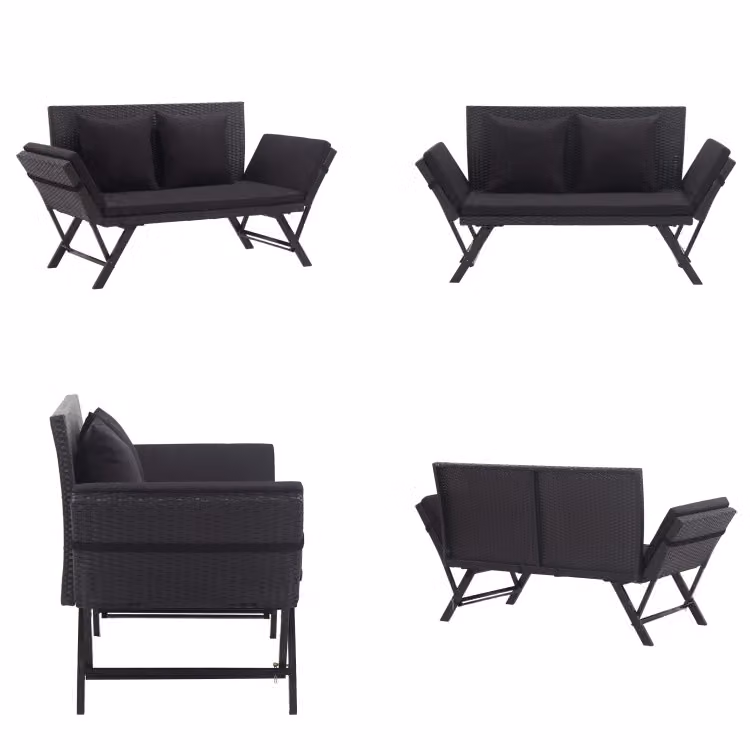 vidaXL Panca da giardino con cuscini 176 cm in poly rattan nero - Lettino da esterno - Lettini da esterno - Lettino da sole - Lettini da sole