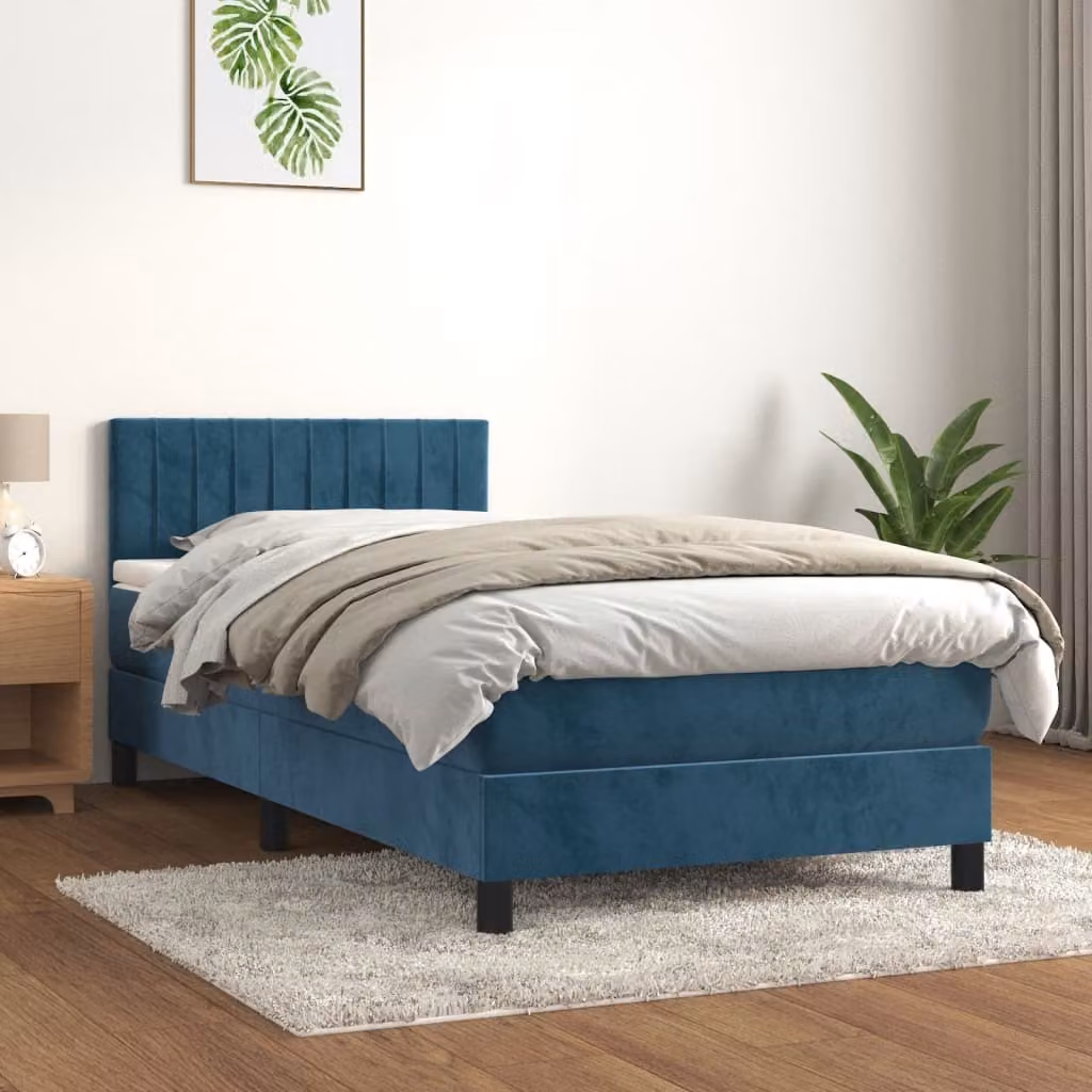 The Living Store Letto a molle con materasso blu scuro 90x200 cm in velluto