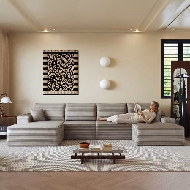 Divano angolare modulare a L con chaise longue 340 cm, tessuto in velluto a coste, 5 posti, cammello