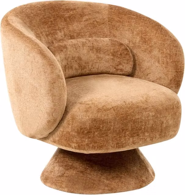 Poltrona girevole con seduta in ciniglia marrone dorato senza braccioli con cuscino, schienale rotondo, gambe in metallo, stile retrò
