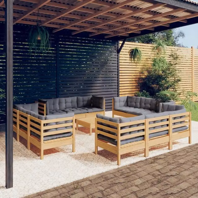 Set di divani da giardino vidaXL a forma di U in legno di pino massello con 13 pezzi e cuscini grigi – 1
