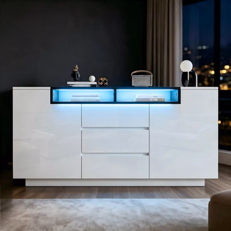 Credenza Merax lucida con LED, cassettiera con 3 cassetti e 2 ante a L, mobile da soggiorno con ripiani regolabili, bianco+nero
