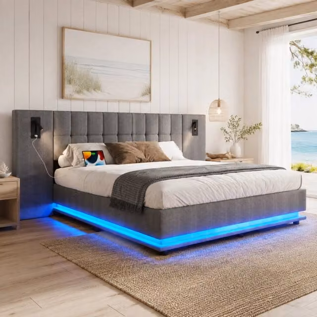Letto imbottito ULEVR 180x200 cm con striscia LED multicolore, luce sul testiera e USB, lino grigio