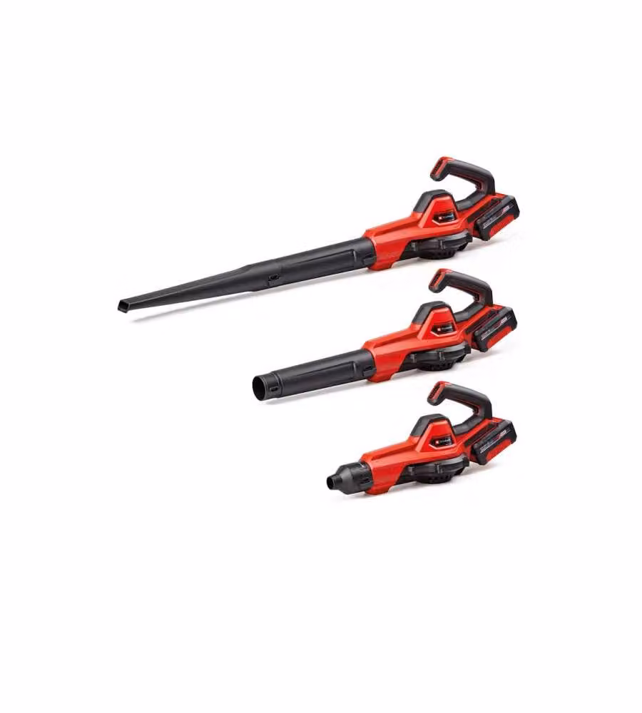 Soffiatore per foglie senza fili Einhell con kit 3 tubi e batteria ricaricabile da 4Ah, rosso
