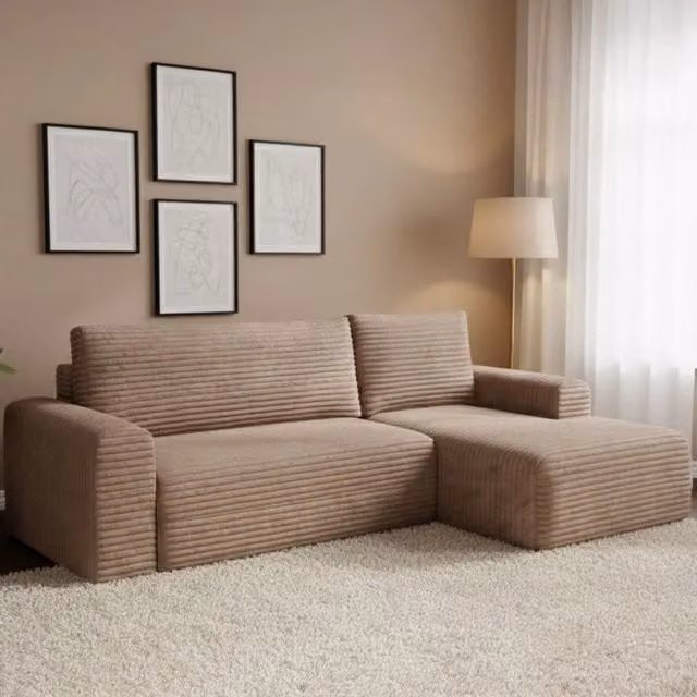 Divano Letto Folgarida DMORA con Penisola Contenitore, Forma a L, Rivestimento in Tessuto Beige, L/P/H: 268 x 163 x 43 cm