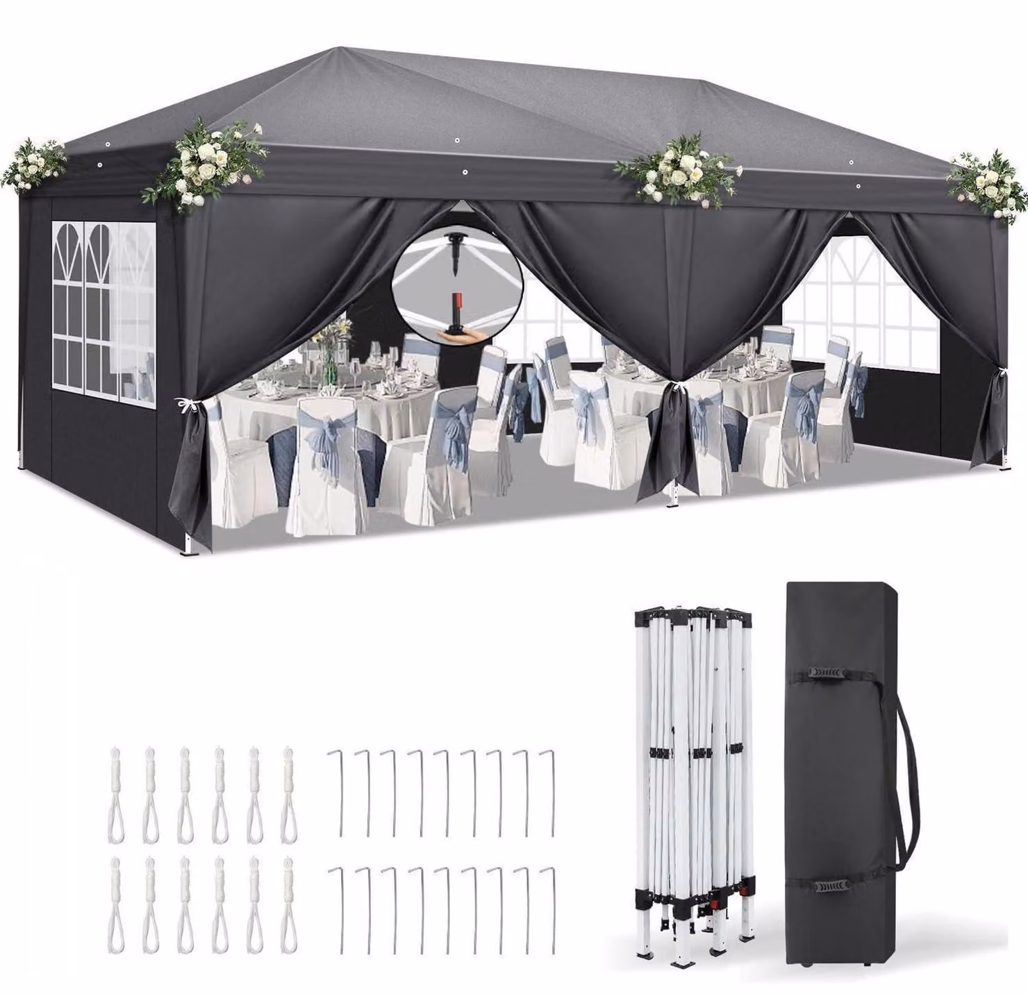 Tenda pop-up 3x6 metri, impermeabile, con protezione UV 50+ e 6 pannelli laterali, colore grigio scuro