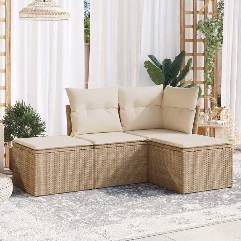 Set Divano da Giardino vidaXL a Forma di L con Cuscini Beige e Ottoman, Struttura in Metallo e Polyrattan per Terrazza o Giardino
