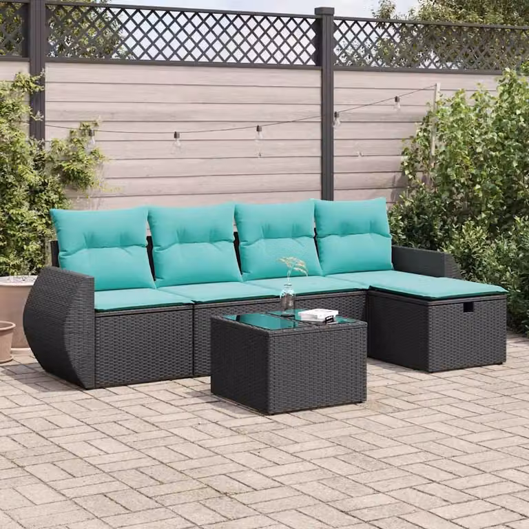 Set Divano da Giardino a L vidaXL 6 pz con Cuscini, Polyrattan e Metallo, Nero e Blu