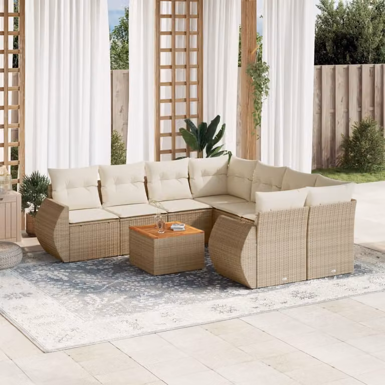 vidaXL Set Divano da Giardino a L 9 pz con Cuscini Beige e Tavolino, Design Moderno in Polyrattan e Legno di Acacia