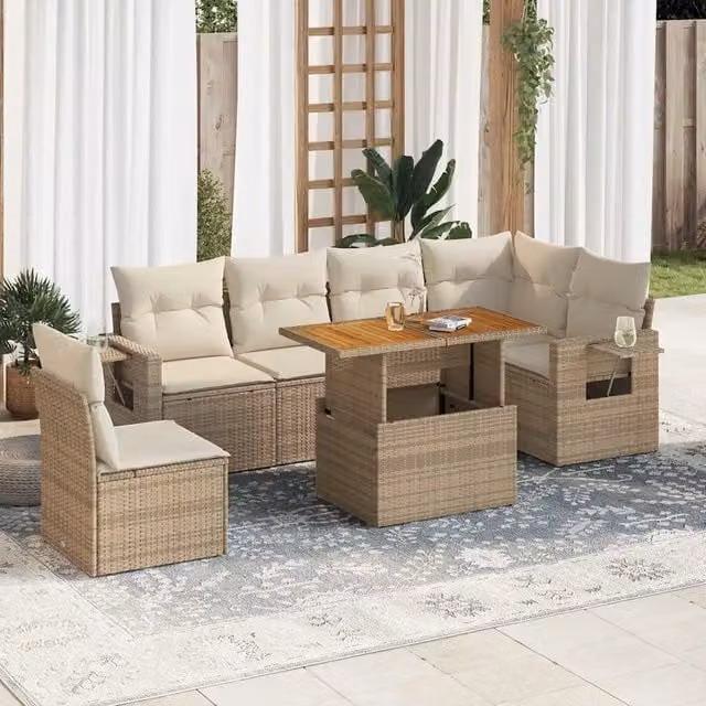 Set Divani da Giardino 7 pz con Cuscini Beige in Polyrattan 3327159