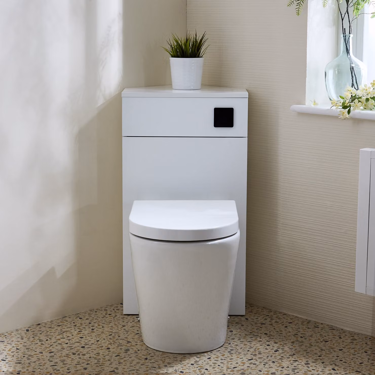 Unità WC Angolare per WC Bianco con Sanitario Alswear - con Pulsante di Scarico Nero - Cluo
