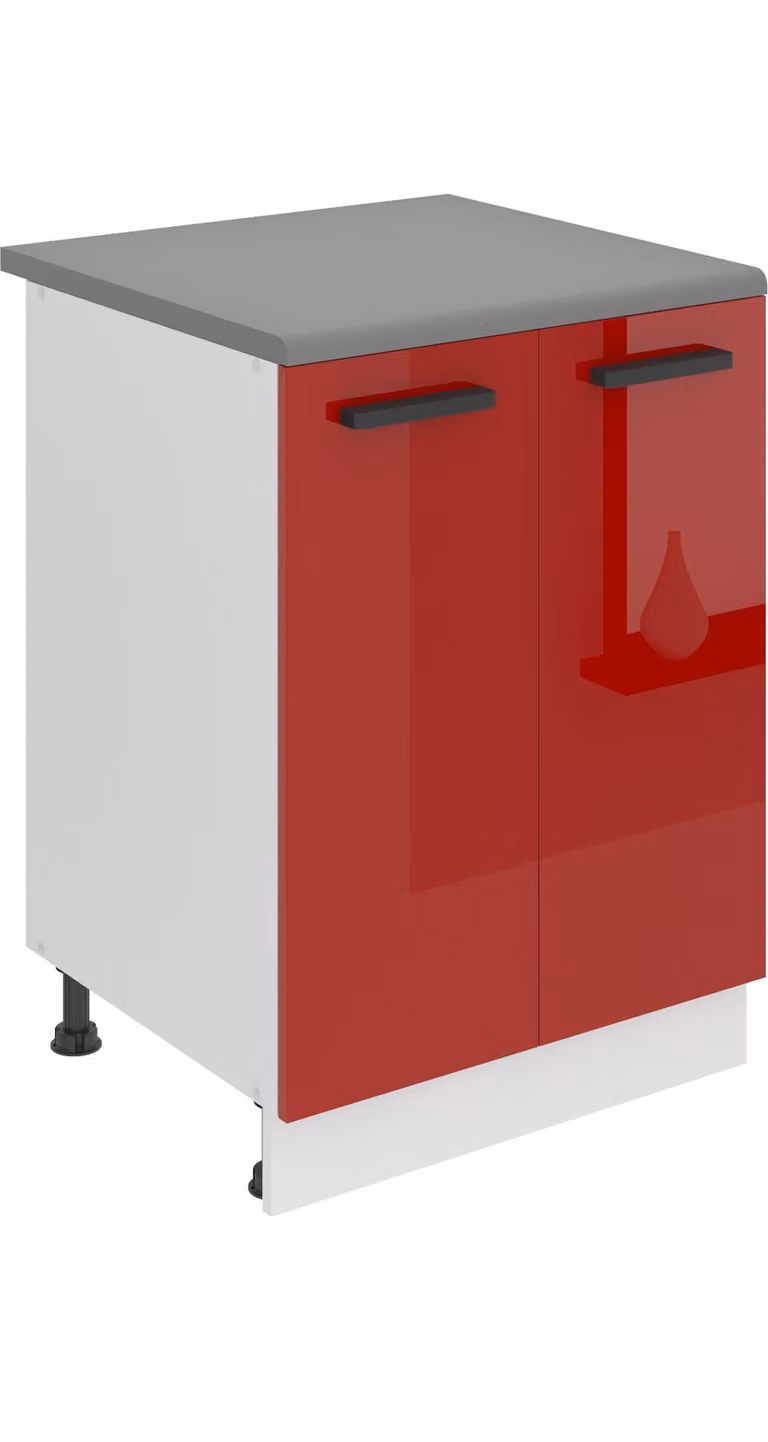 Base da cucina Belini, base da cucina larga 60 cm. SD2 Base per cucina con piano di lavoro. Mobile da cucina a 2 ante, rosso lucido