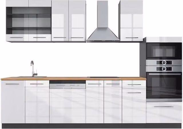 Cucina componibile Fame-Line Vicco Bianco lucido e Antracite con armadio alto e PL Rovere, L: 300 cm