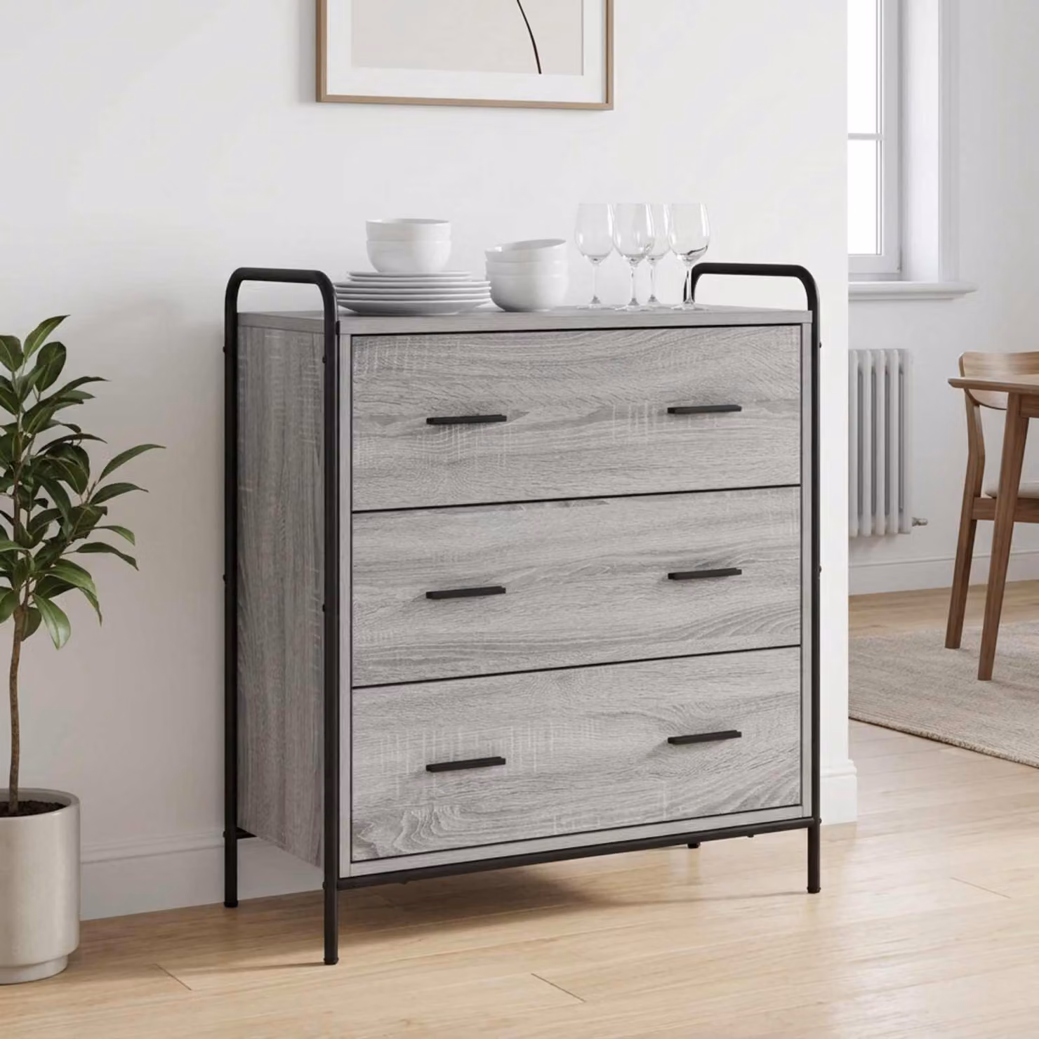 Credenza moderna vidaXL in legno ingegnerizzato e metallo, colore grigio, L: 97 cm, P: 33 cm, H: 81 cm