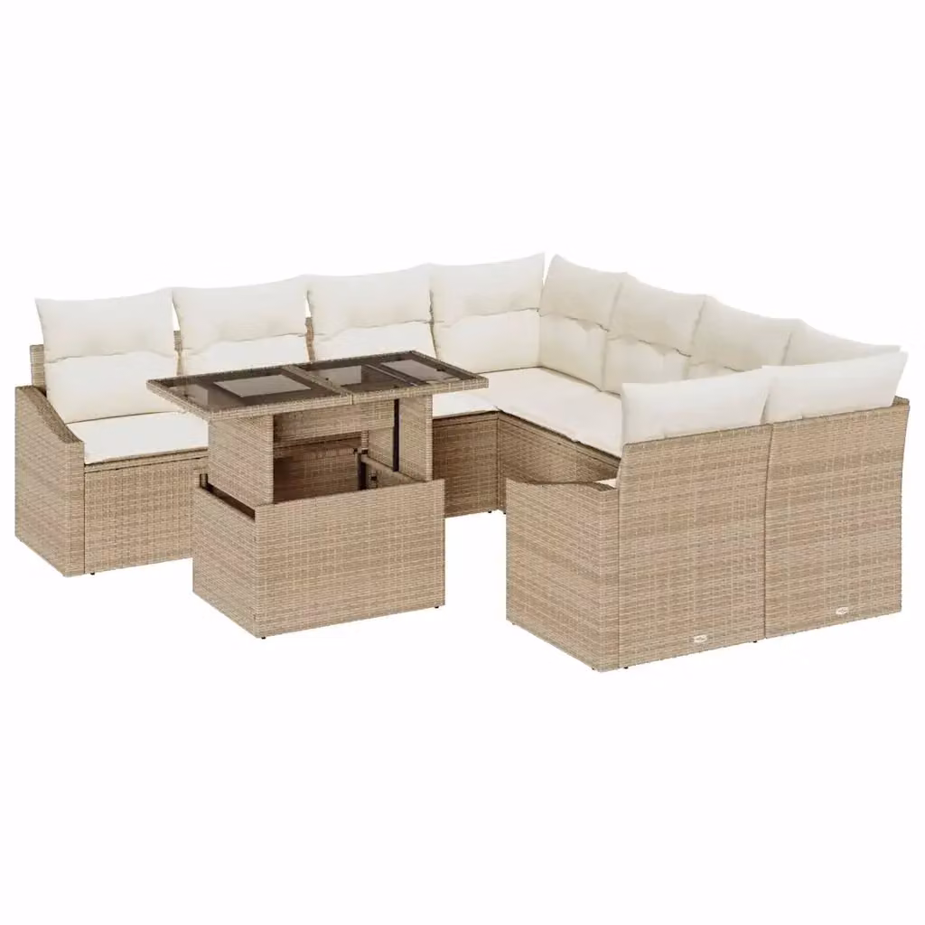 Set Divano da Giardino 9 Pezzi vidaXL in Polyrattan Beige con Cuscini e Tavolino da Esterno – 2