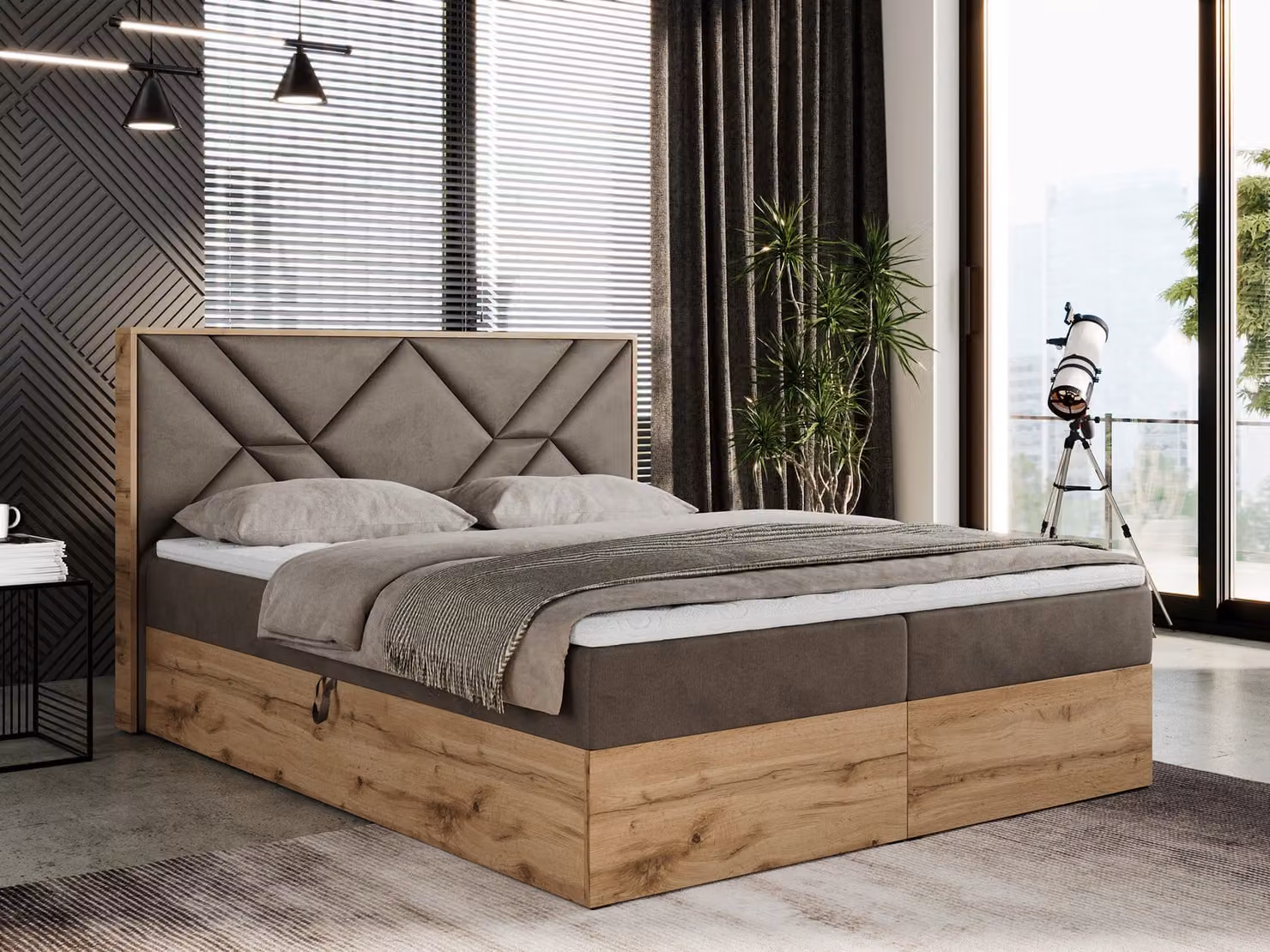 Letto boxspring 120x200 con contenitore, letto imbottito 120x200 con materasso H3, letto boxspring 120x200 con testiera, letto boxspring in legno massello - Gunar - Marrone Velvet - H3