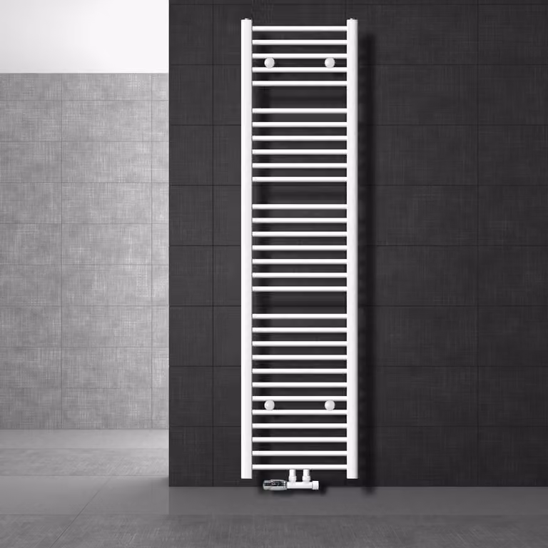 LuxeBath radiatore da bagno attacco centrale 400 x 1800 mm bianco diritto con termostato e set di collegamento angolo muro bianco - Radiatore, senza elemento riscaldante