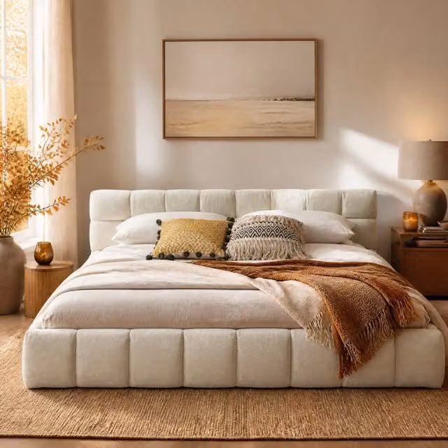 Letto matrimoniale imbottito MODFU in tessuto beige con struttura in legno e metallo L/P: 160 x 200 cm – 1