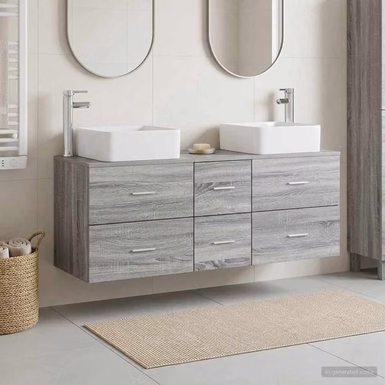 Set di 3 mobili da bagno moderni vidaXL in legno grigio opaco, comprensivo di mobile lavabo e pensili a parete