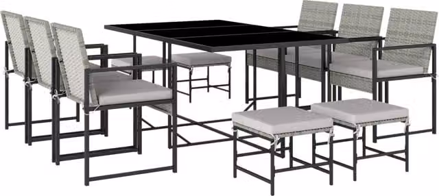Set 11 Pezzi da Pranzo da Esterno con Tavolo 6 Poltrone e 4 Pouf in Rattan PE Vetro e Acciaio Grigio