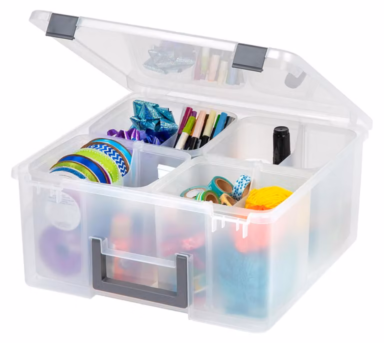 Iris Ohyama, Contenitore portatile di stoccaggio da 18,9L con maniglia, organizer trasparente con 4 scomparti removibili e divisori, contenitori per Lego e lavori manuali, modello DCB-4