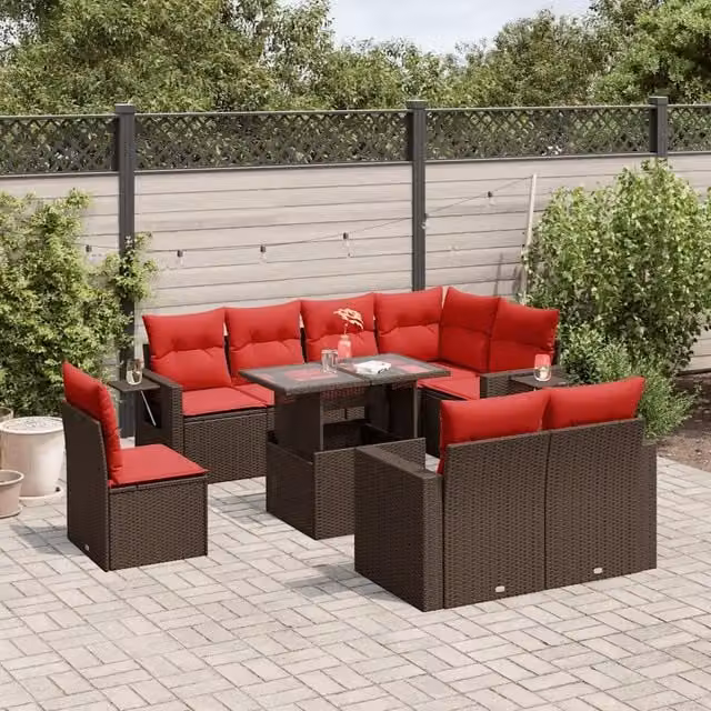 Set Divani da Giardino 9 pz con Cuscini Marrone in Polyrattan 3268044