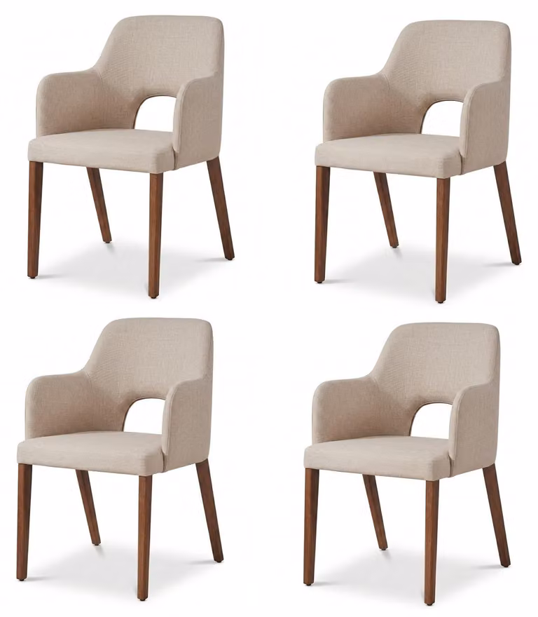 Set di 4 eleganti sedie da pranzo, beige, con braccioli, in tessuto,
