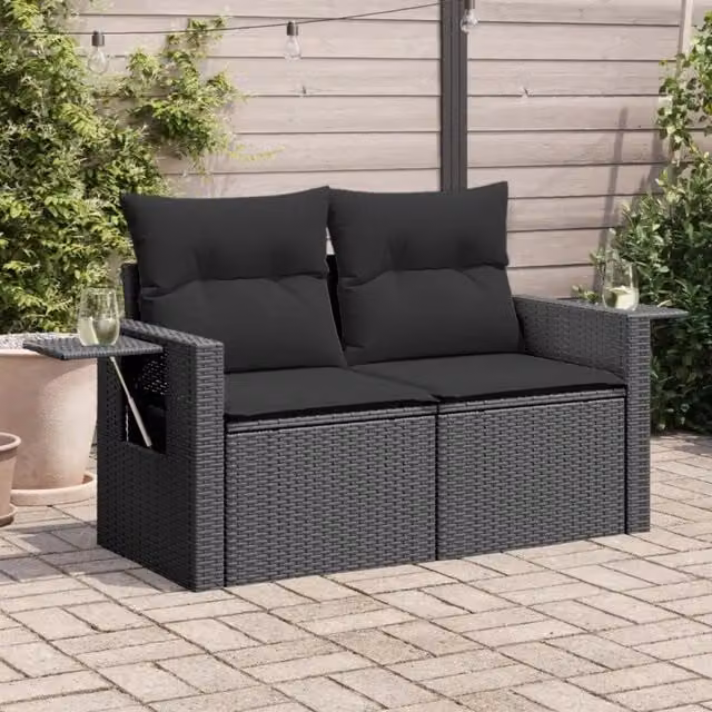 Divano da giardino a 2 posti vidaXL in polyrattan nero con cuscini imbottiti e coperture rimovibili