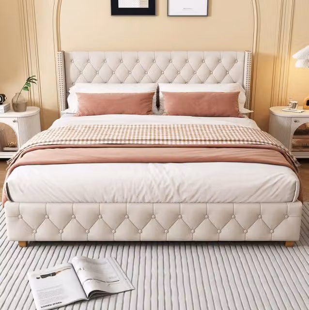 Letto imbottito 180x200 cm con rete a doghe e testiera in lino beige