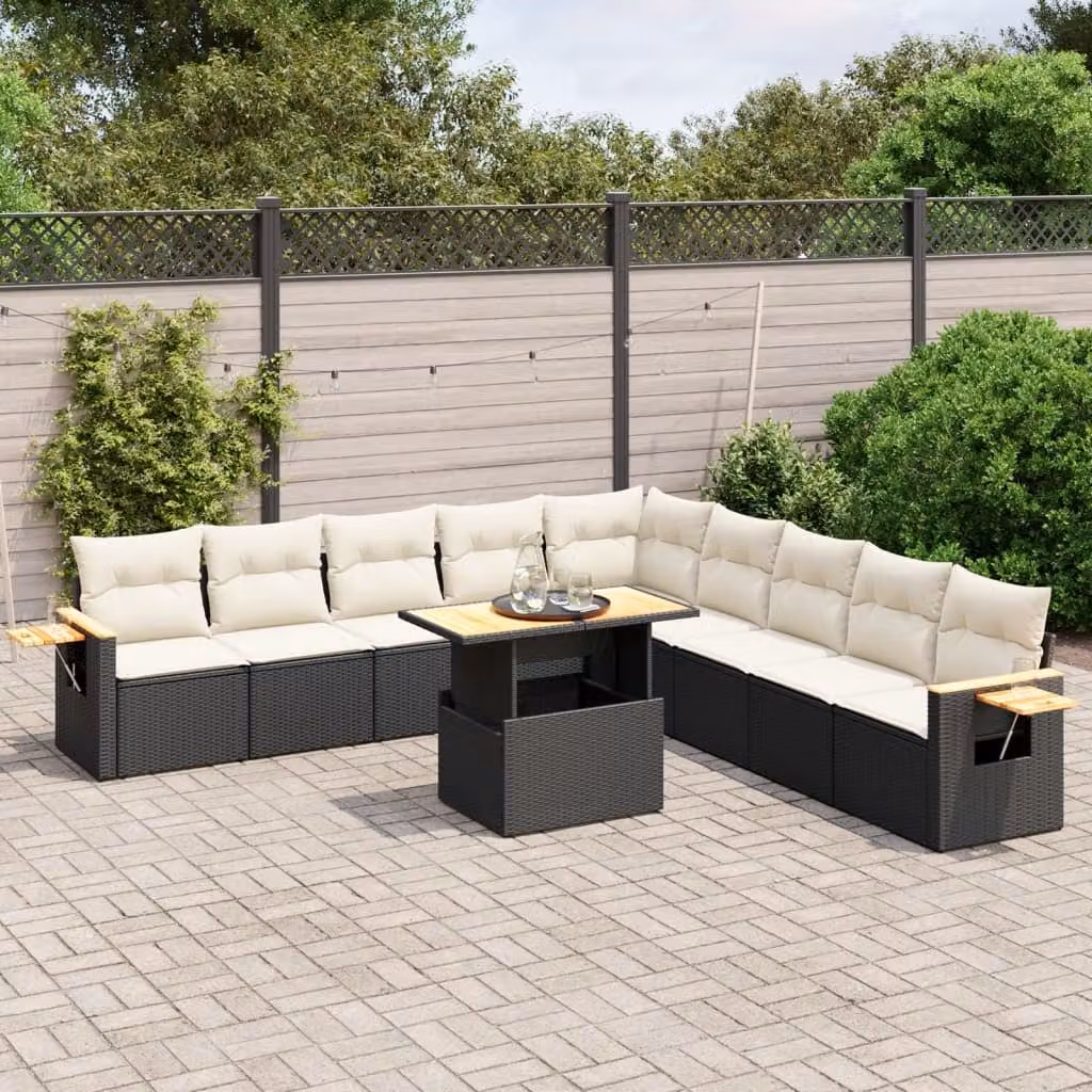vidaXL Set Divani da Giardino 11 pz in Polyrattan Nero con Cuscini e Tavolino da Esterno – 1