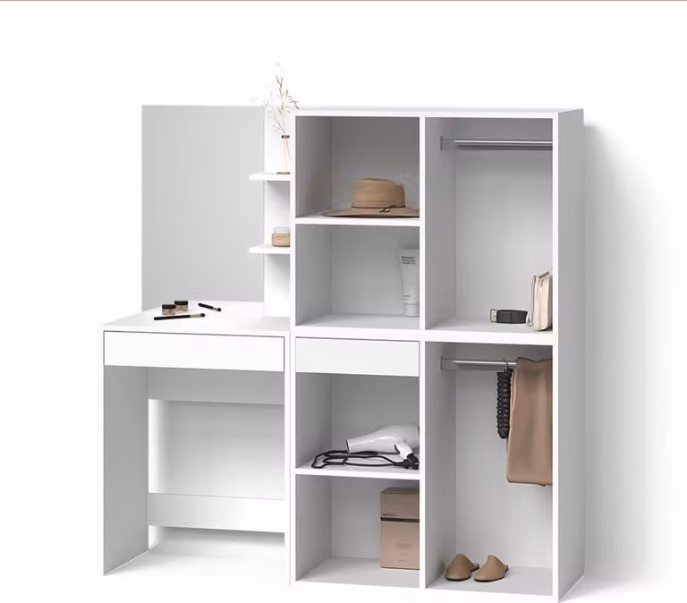 Tavolo da toeletta Livinity Nola Bianco 140 cm con specchio e 2 mobili aggiuntivi, Model 52350