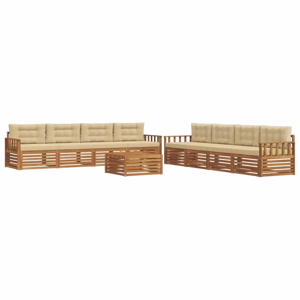 Set di mobili da giardino vidaXL composto da 9 pezzi con divano a forma di U, tavolino da caffè e cuscini in tessuto beige e legno di acacia naturale – 2