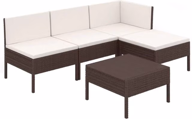 Set di mobili da giardino Outsunny composto da 5 pezzi con cuscini bianchi e struttura in resina intrecciata marrone e acciaio verniciato a polvere