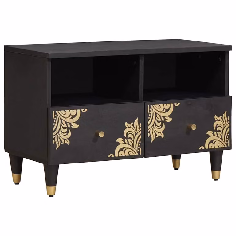 Mobile TV vidaXL moderno in legno di mango massello, Nero e Marrone, L 70 cm x P 33 cm x H 46 cm