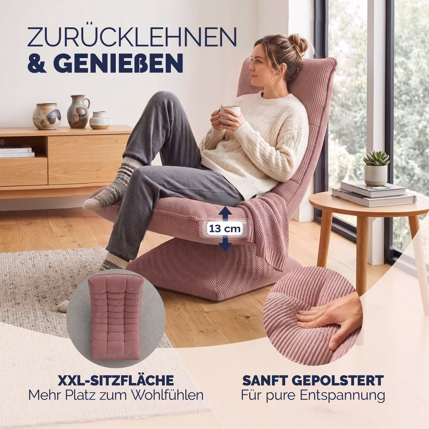 Poltrona relax Aberdeen Casaria in velluto a coste rosa scuro o grigio, girevole a 360°, regolabile in 5 posizioni e pieghevole con struttura in metallo – 2