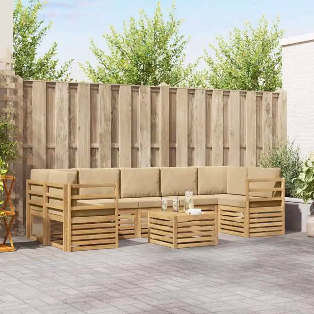 Set di divani da esterno a L vidaXL in legno di acacia con tavolo da caffè, colore bianco e beige, composto da 8 pezzi con cuscini inclusi – 1