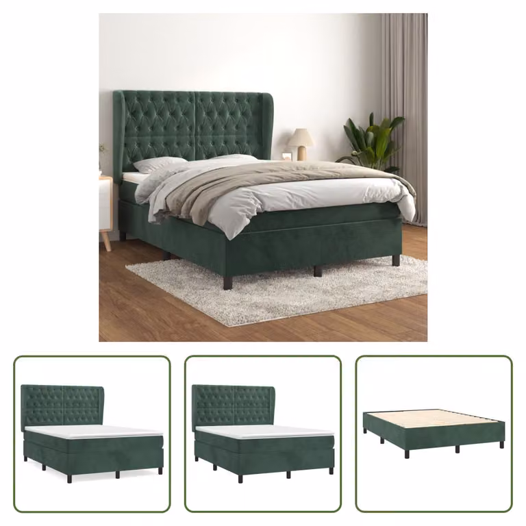 The Living Store Letto a molle con materasso verde scuro 140x190 cm in velluto