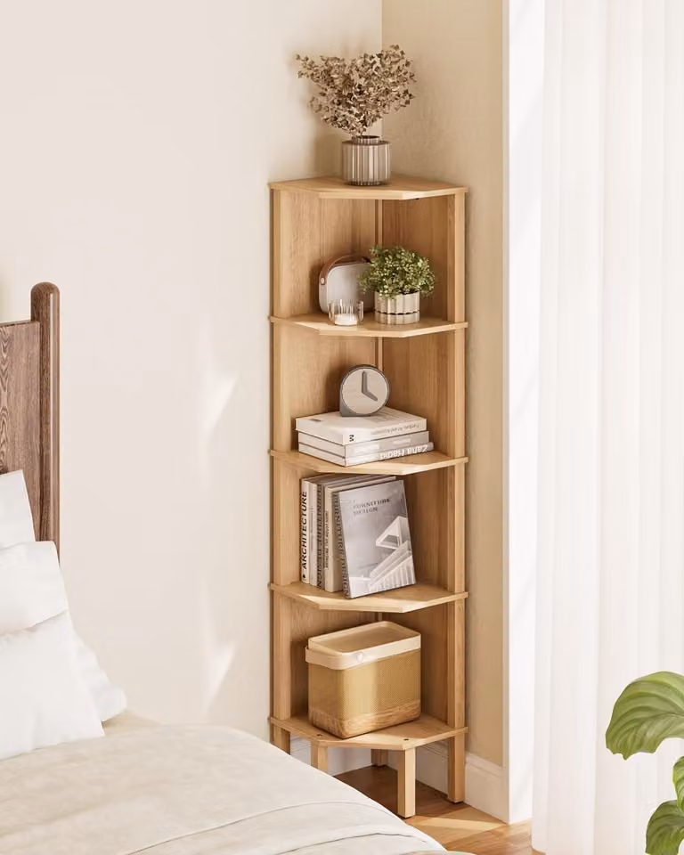 Scaffale angolare a 5 ripiani, ideale per libri e piante, in legno di quercia