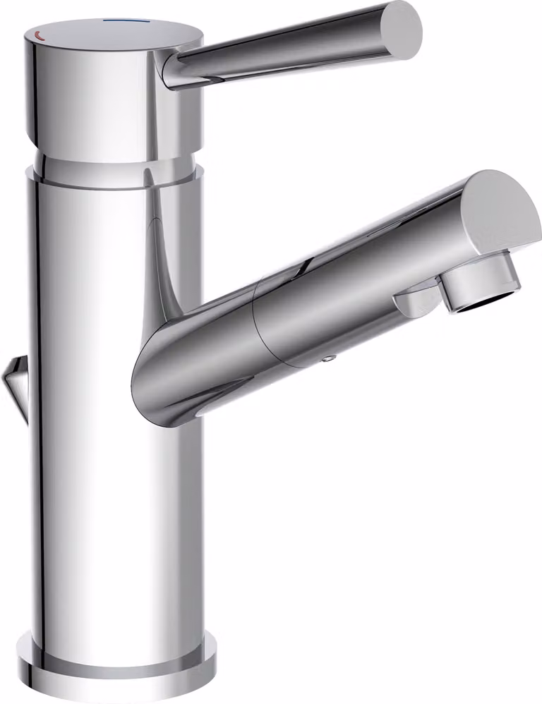 Rubinetto a bassa pressione CORNWALL, miscelatore per lavabo con tirante, rubinetto da bagno con scarico a scomparsa per lavabo, cromo