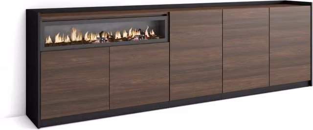 Credenza, Mobile, Cucina, 260x80x37 cm, 5 Porte, Camino elettrico, Rovere scuro e Nero
