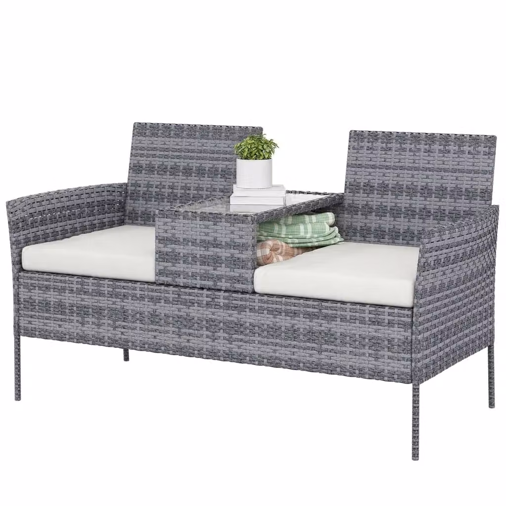 Set da giardino Minimal composto da divano a 2 posti con cuscini e tavolino in resina PolyRattan e metallo, colore grigio, L: 135 cm, P: 64 cm, H: 81 cm – 2