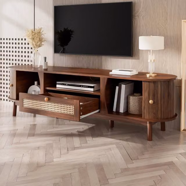 Desviae Mobile porta tv in MDF con ante scorrevoli e cassetti in rattan per soggiorno color noce 165 × 37 × 46 cm