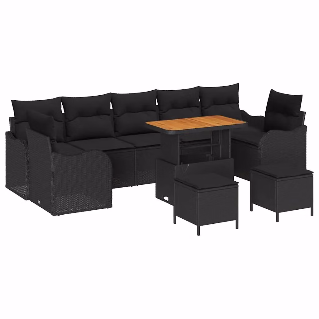 Set Divano da Giardino vidaXL 10 Pezzi a Forma di U in Polyrattan Nero con Cuscini e Tavolino – 2