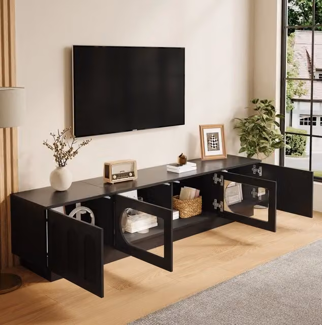Mobile TV basso con LED APP; 200x40x42 cm; MDF e truciolare; nero