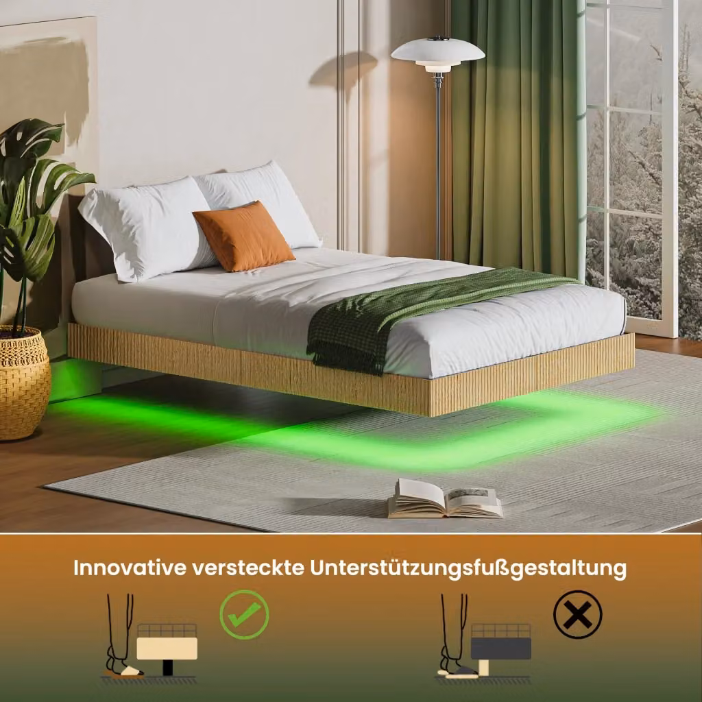Letto sospeso moderno REDOM con illuminazione LED RGB, colore beige e finitura naturale, L 140 cm x P 200 cm – 2