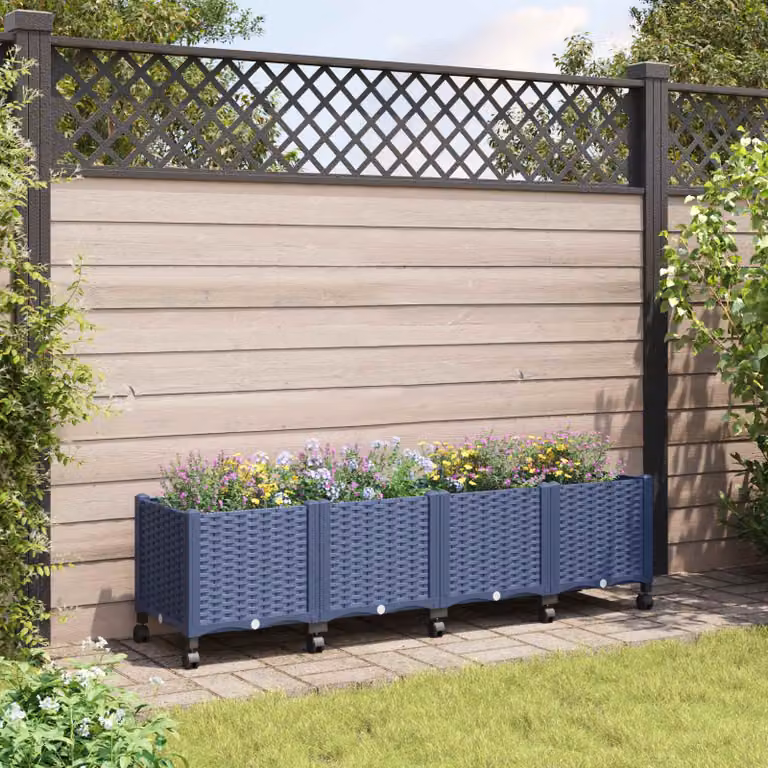 Vaso da giardino con ruote vidaXL in plastica, Blu e Grigio, L: 160 cm, P: 40 cm, H: 44 cm