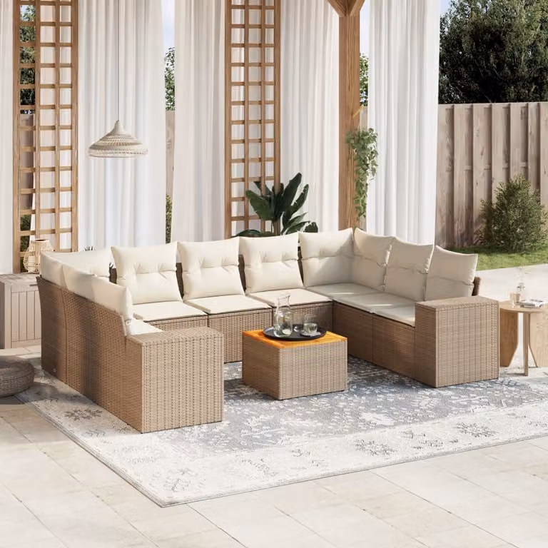 vidaXL Set Divano da Giardino a L 10 pz con Cuscini Beige e Tavolino in Polyrattan e Acciaio