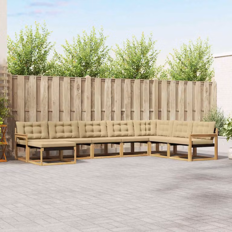 Set di divani da esterno vidaXL a forma di L composto da 8 pezzi in legno di acacia con cuscini bianchi e beige