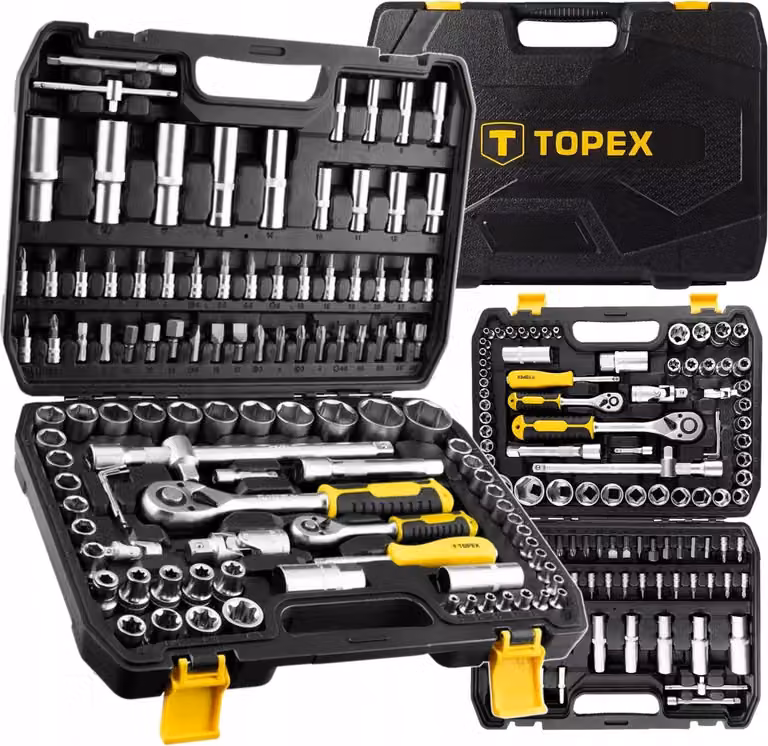 Set di chiavi a bussola TOPEX da 110 pezzi 1/2" 1/4", set di utensili in acciaio al CrV, meccanismo a cricchetto con 72 denti