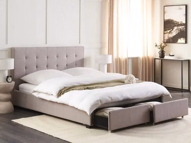 Letto contenitore matrimoniale Beliani imbottito in tessuto grigio con cassetti L/P/H: 160 x 200 x 28 cm – 1